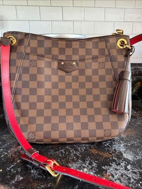 Louis Vuitton Brown Damier Canvas Shoulder Bag with Red Strap